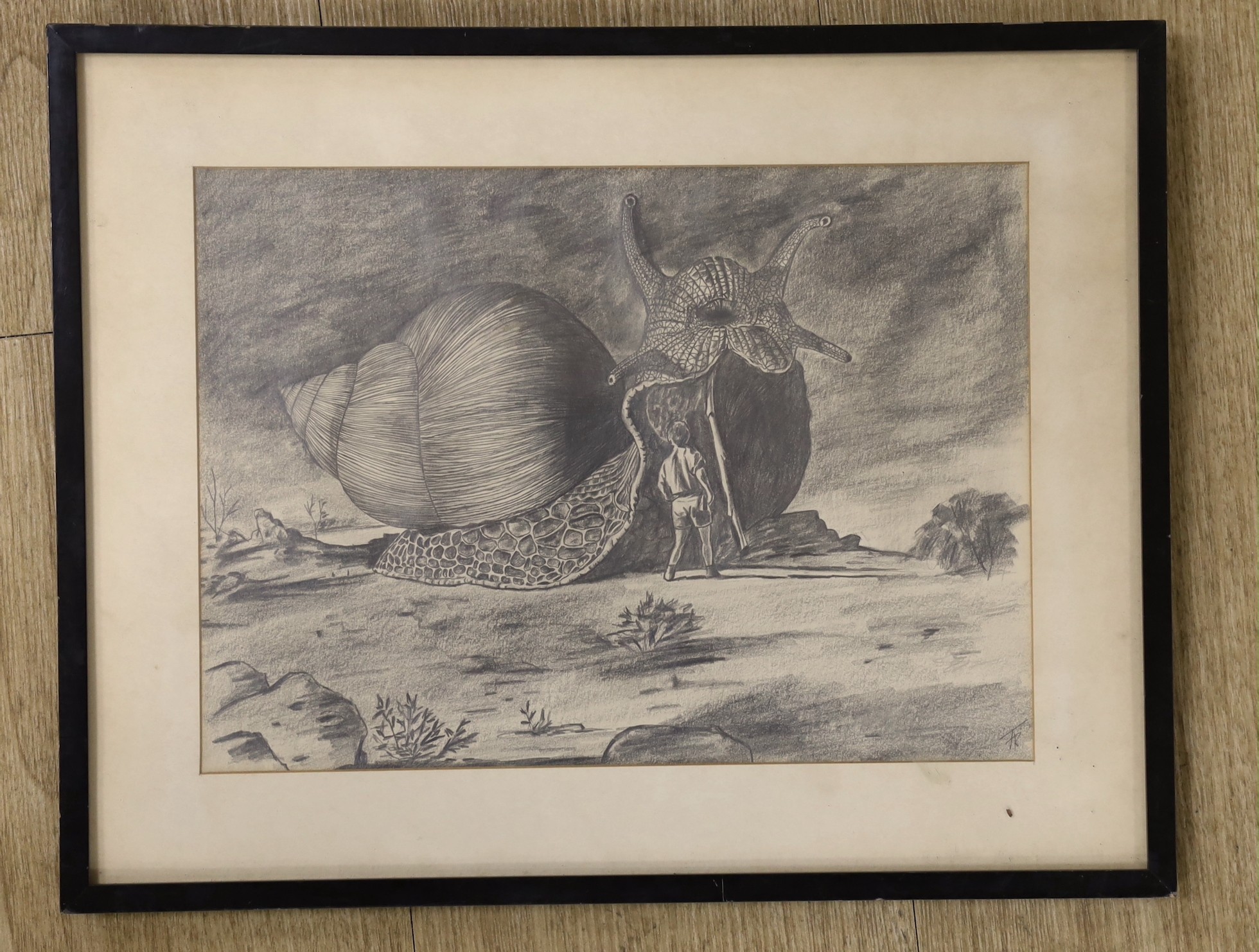 English School, pencil drawing, Science fiction scene; man and giant snail, monogrammed FR, 21 x 29cm